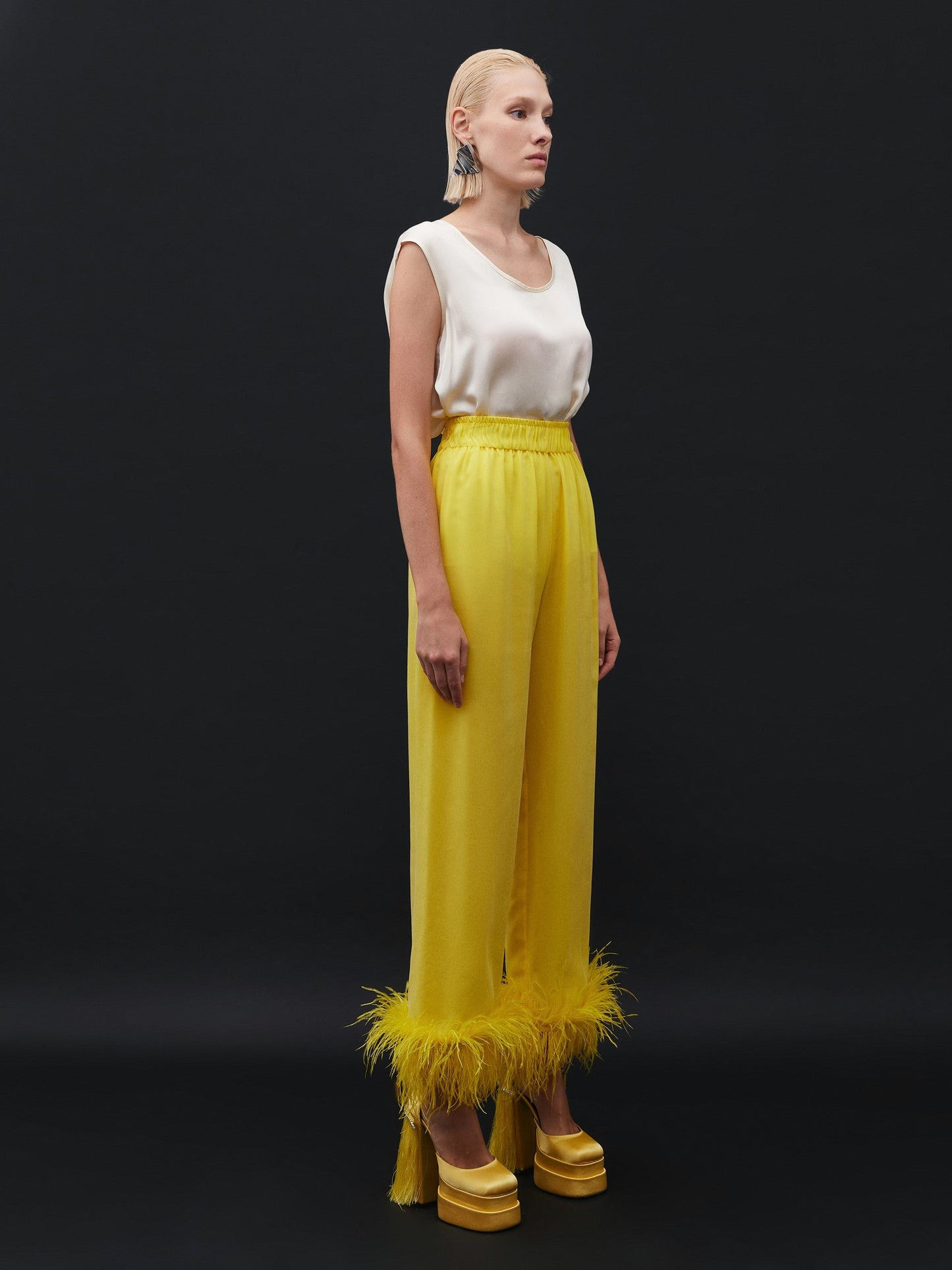 Feather Detailed Yellow Trousers