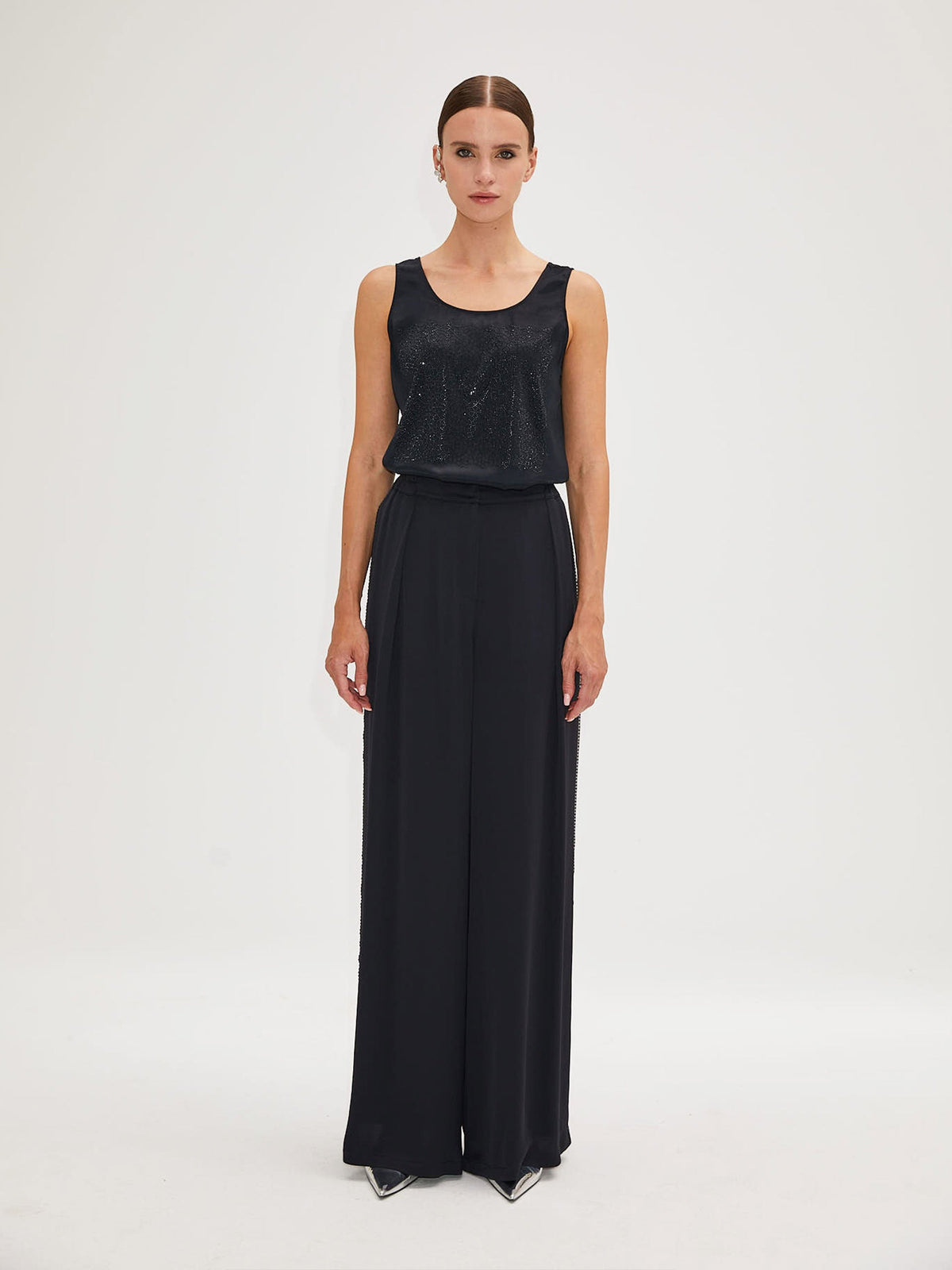 Pleated Wide Leg Black Trousers