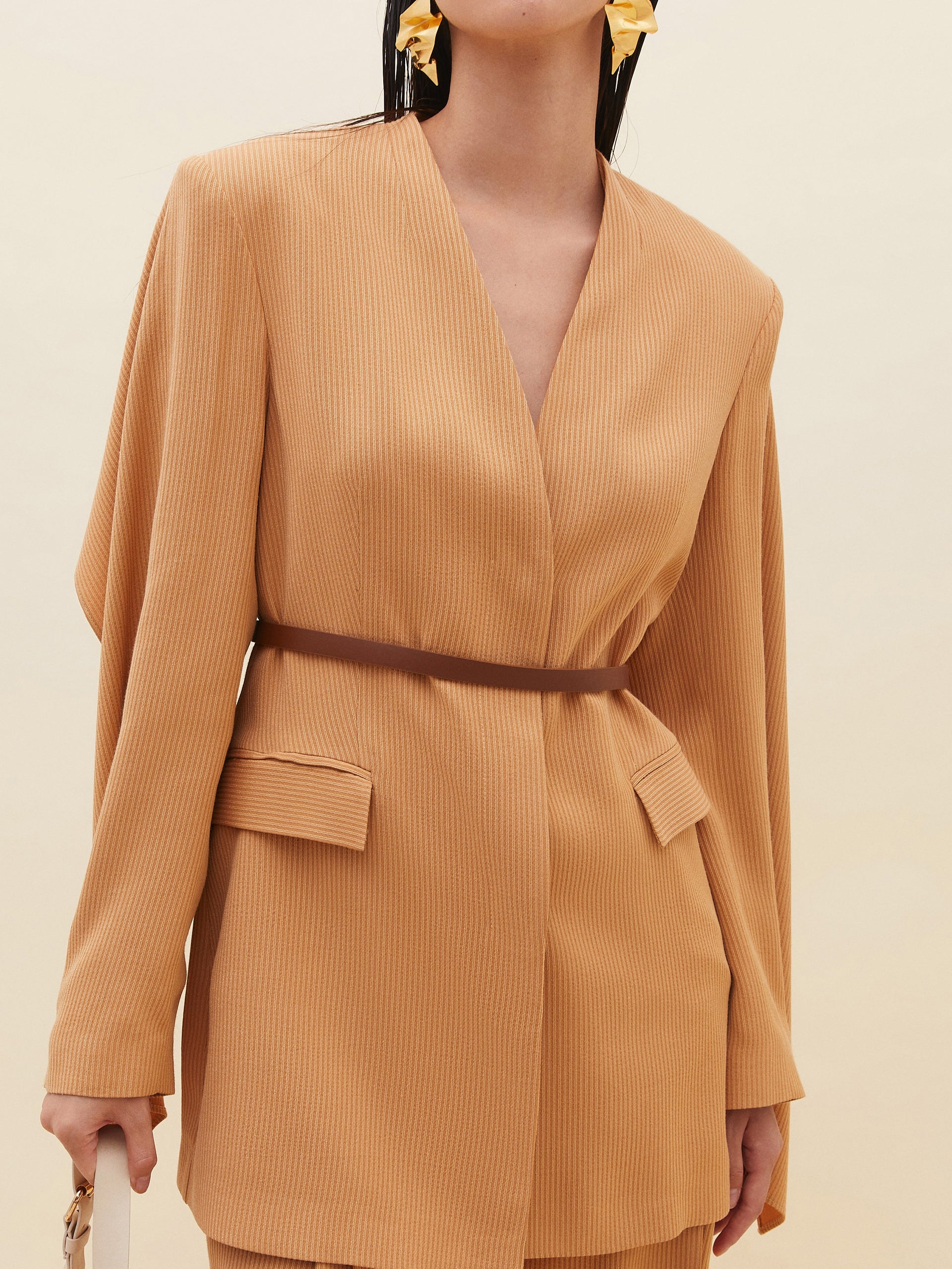 Brown Belted Cream Color Jacket