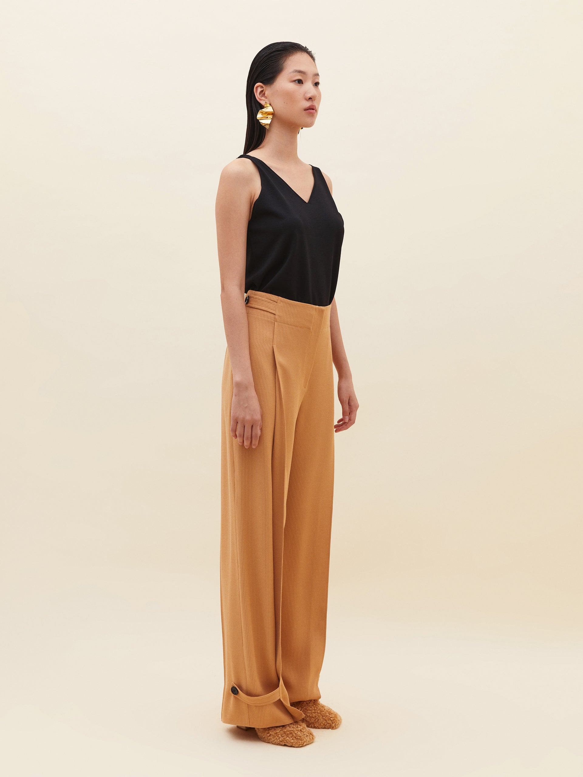 Wide Pleated Beige Trousers