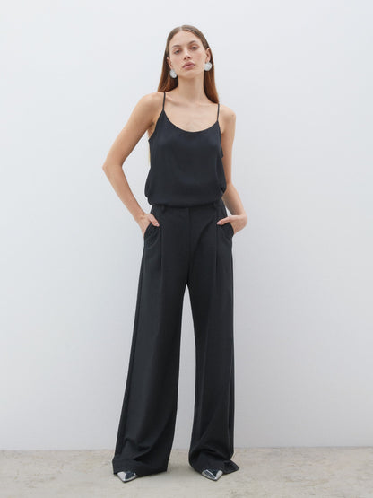 Pleated and Striped Wide Leg Black Trousers