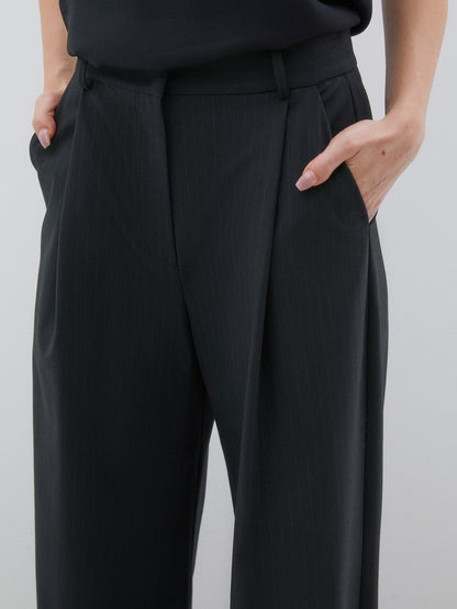 Pleated and Striped Wide Leg Black Trousers