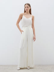 Pleated Detailed Wide Leg Ecru Trousers