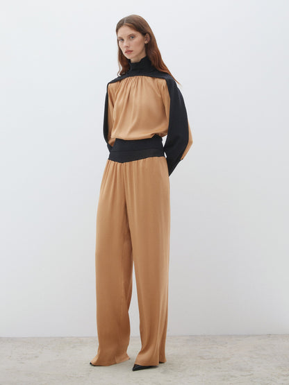 Beige Trousers with Rib Detail at Waist