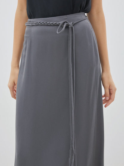Long Gray Skirt With Knit Cord Belt