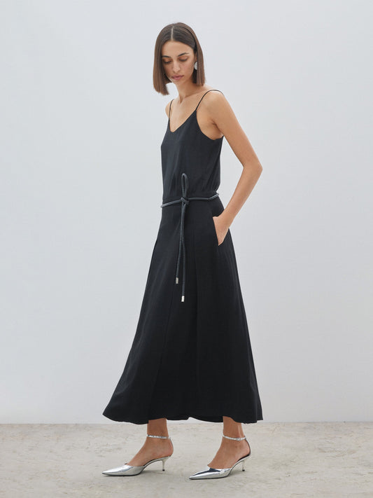 Pleated Black Skirt With Knit Cord Belt