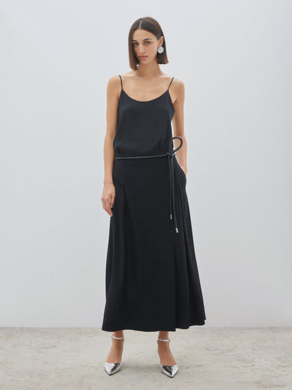 Pleated Black Skirt With Knit Cord Belt
