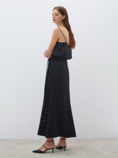 Long Black Skirt With Knit Cord Belt