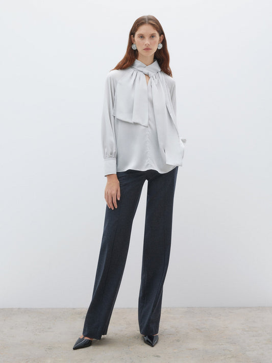Scarf Tie Detailed Light Gray Blouse