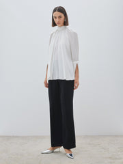 Stand Up Collar Pleated Detailed Ecru Blouse