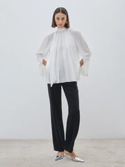 Stand Up Collar Pleated Detailed Ecru Blouse