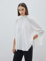 Stand Up Collar Pleated Detailed Ecru Blouse