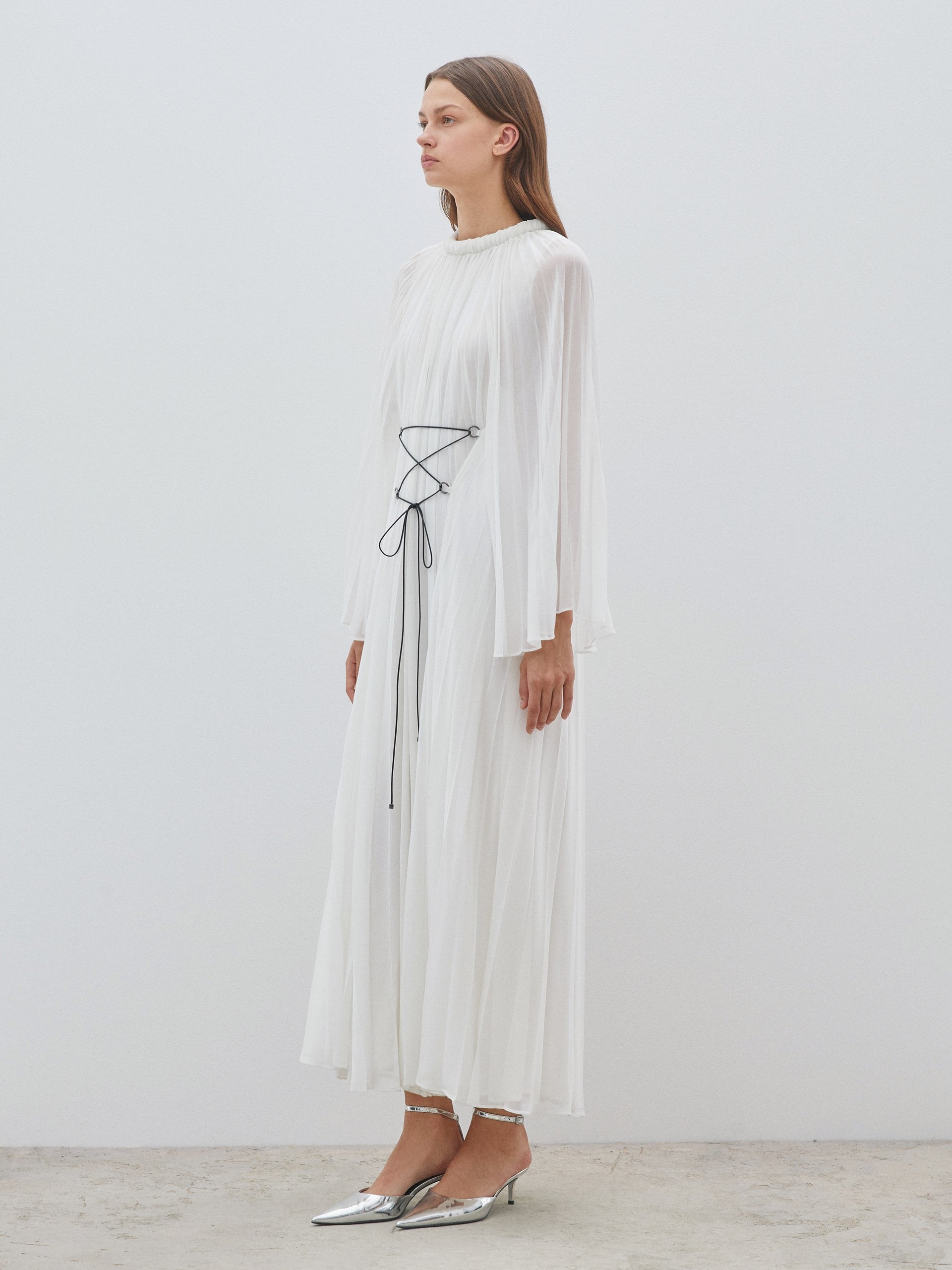 Cross Tied Pleated White Dress