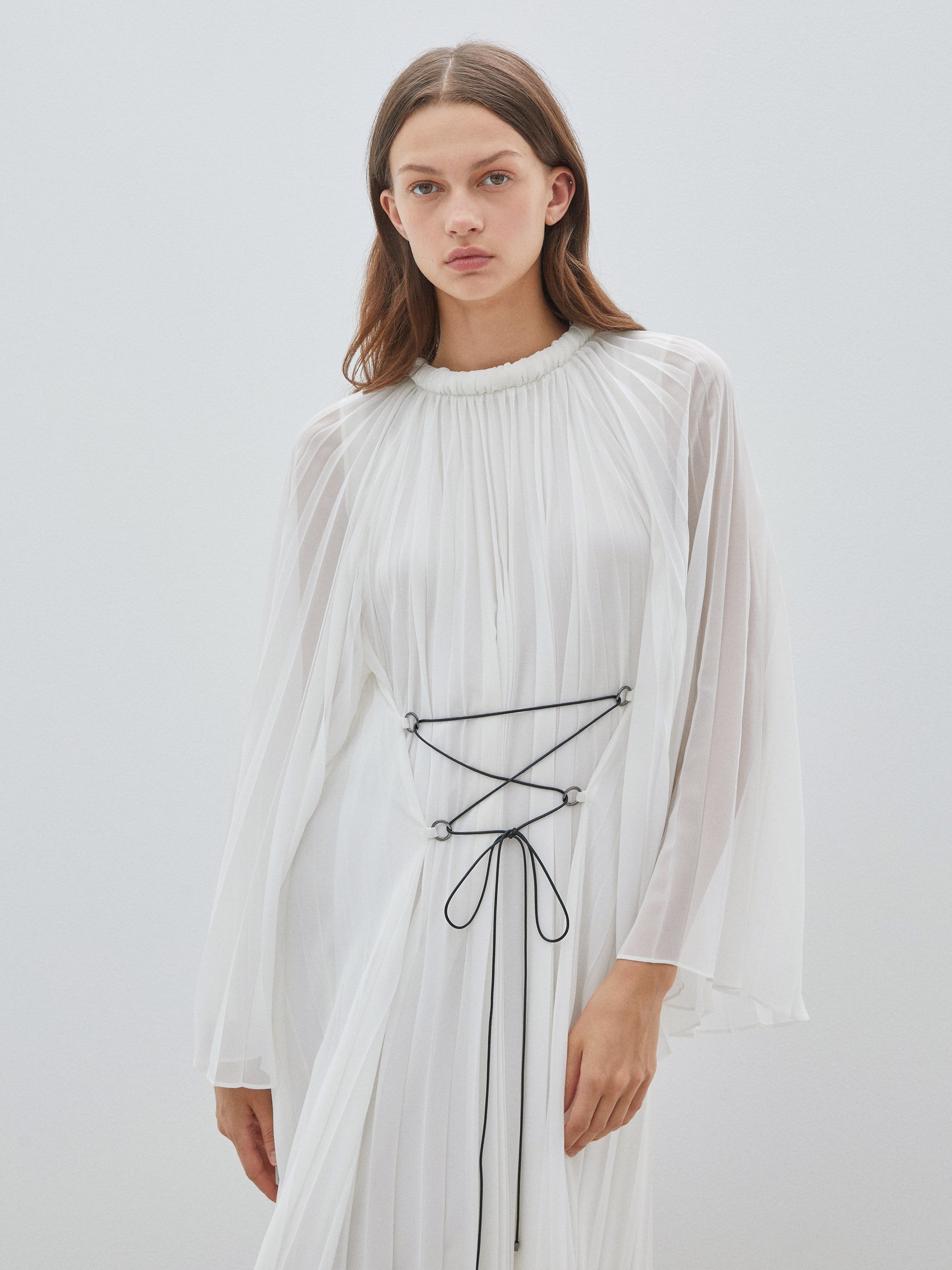 Cross Tied Pleated White Dress