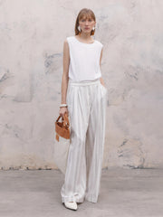 Wide Cut Pleated Striped Trousers