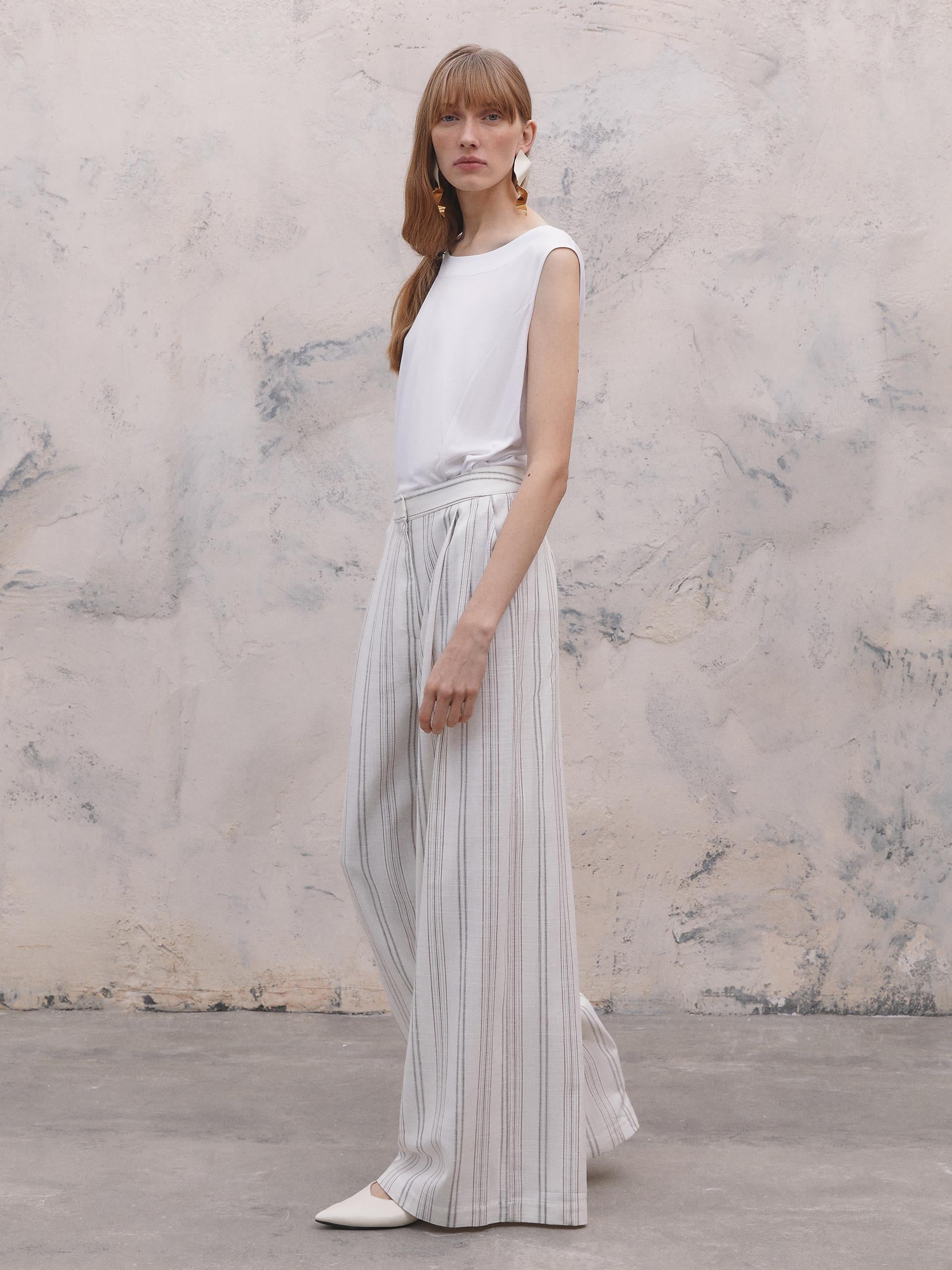 Wide Cut Pleated Striped Trousers