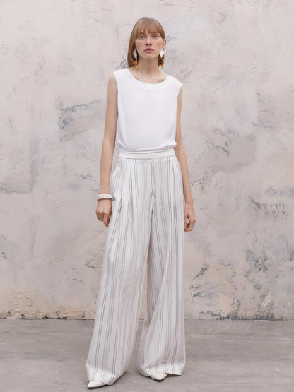 Wide Cut Pleated Striped Trousers