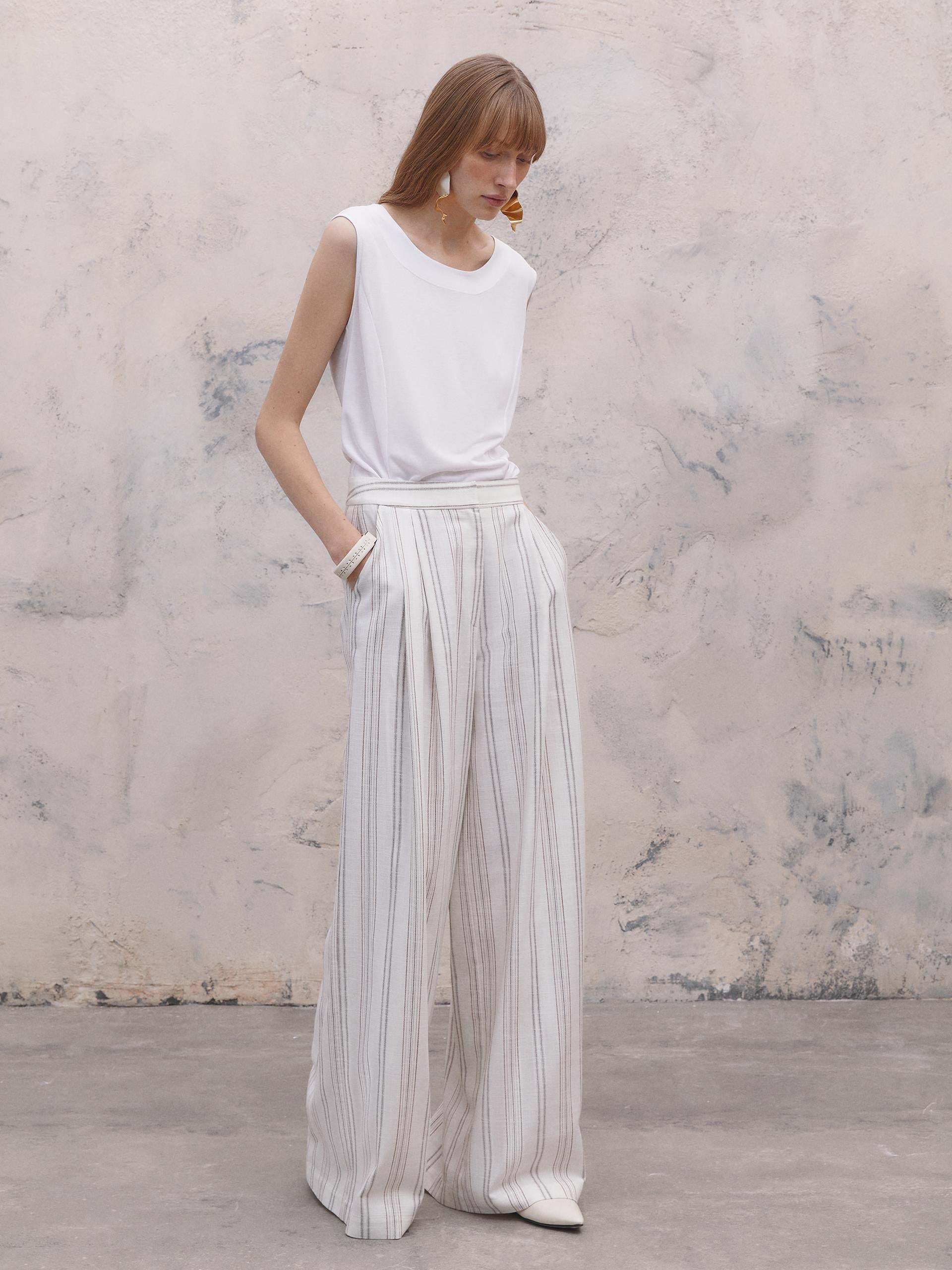 Wide Cut Pleated Striped Trousers