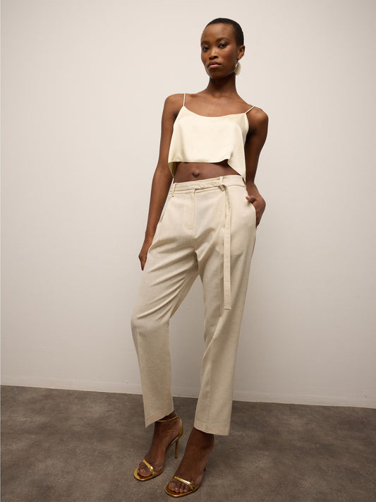 Buttoned High Waist Tapered Pants with Belt Detail