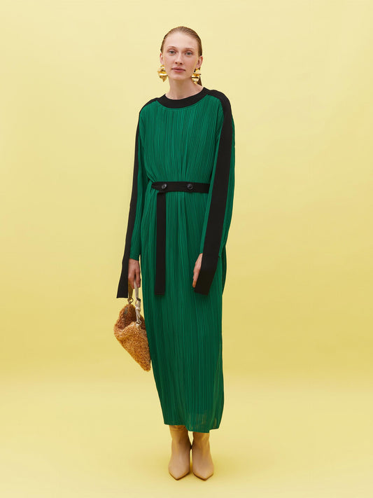 Black Ribbed Detailed Pleated Green Dress